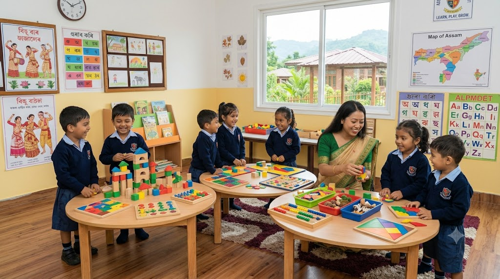 Children exploring classroom learning materials together