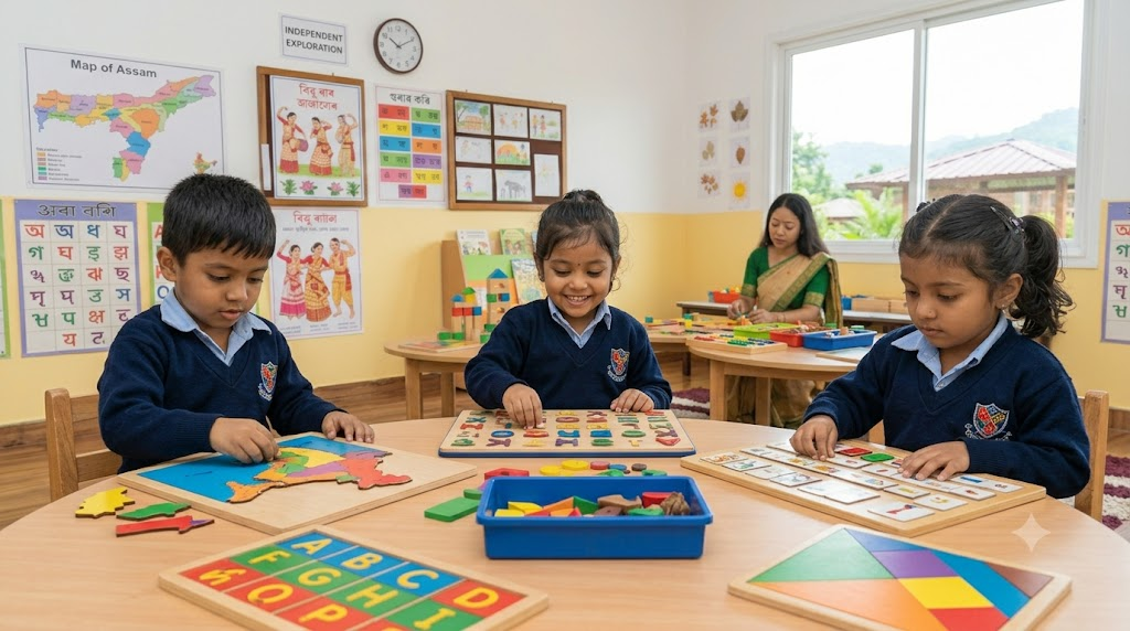 Children practising puzzles and hands-on learning activities